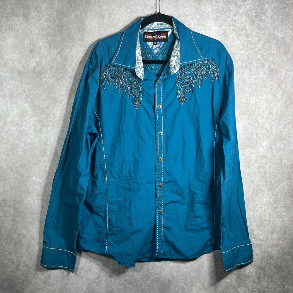 House Of Lords Shirt Men XXL Blue Embroidered Button Rave Streetwear Long Sleeve